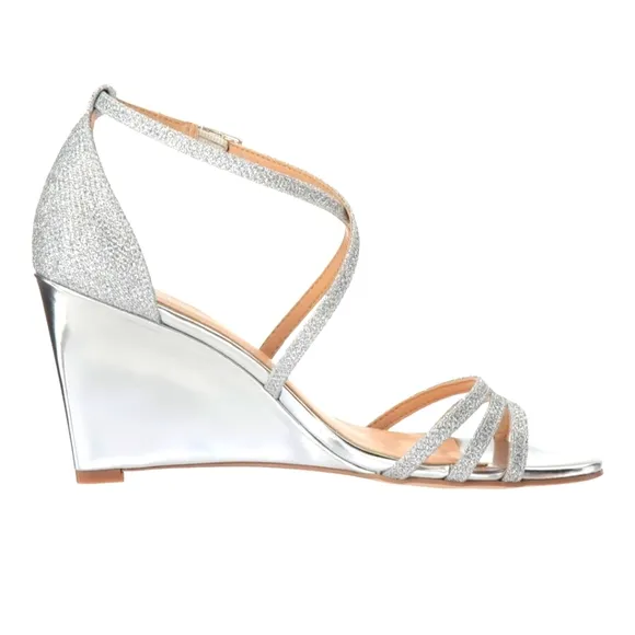Jewel Badgley Mischka Silver Metallic Glitter Evening Wedge Sandals - Size 7