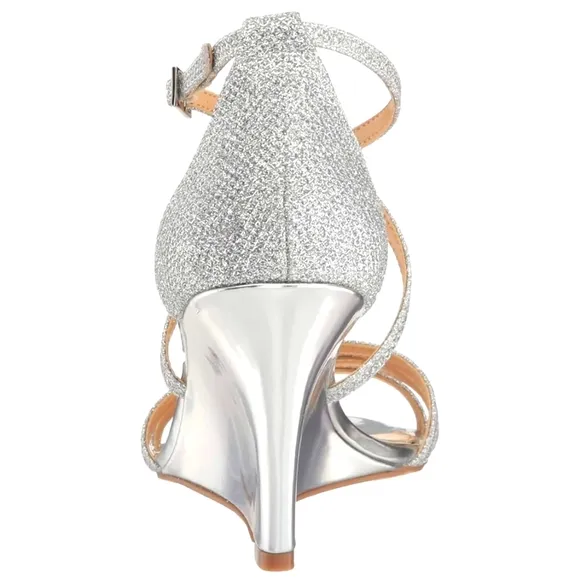Jewel Badgley Mischka Silver Metallic Glitter Evening Wedge Sandals - Size 7