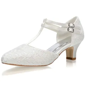 Jiajia 00968 Women's Bridal Shoes Closed Toe T-Strap 1.9&quot; Block Low Heel Lace S