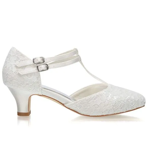 Jiajia 00968 Women's Bridal Shoes Closed Toe T-Strap 1.9&quot; Block Low Heel Lace S