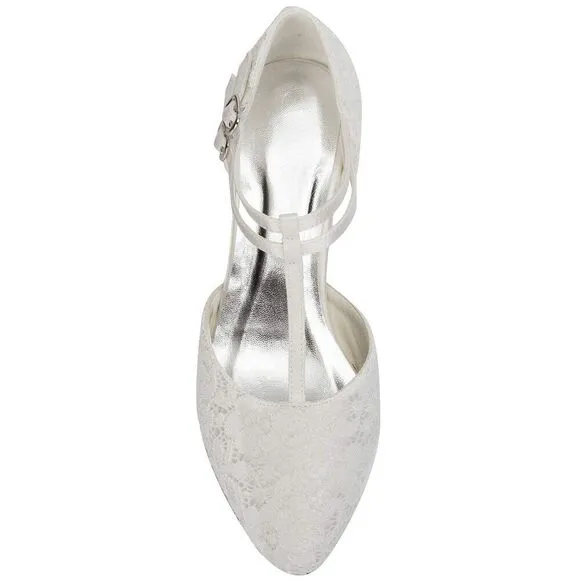 Jiajia 00968 Women's Bridal Shoes Closed Toe T-Strap 1.9&quot; Block Low Heel Lace S