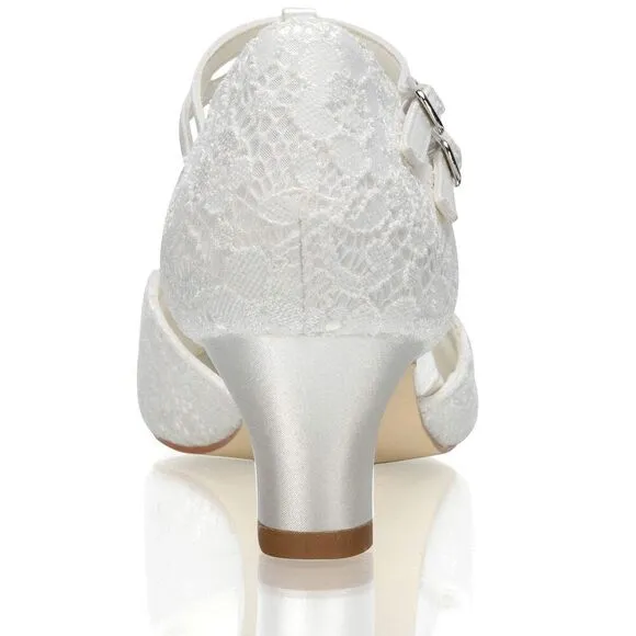 Jiajia 00968 Women's Bridal Shoes Closed Toe T-Strap 1.9&quot; Block Low Heel Lace S