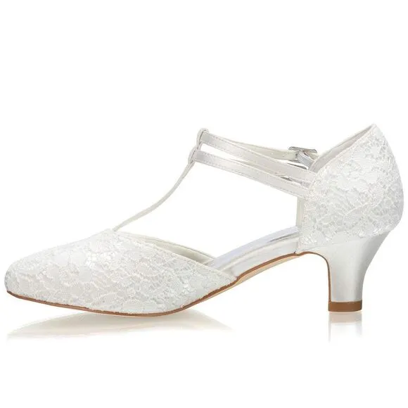 Jiajia 00968 Women's Bridal Shoes Closed Toe T-Strap 1.9&quot; Block Low Heel Lace S