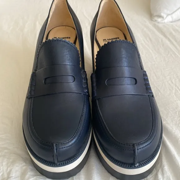 Jill Sander navy platform loafer like new.  Nave, white, and black.  Size 38