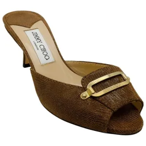 Jimmy Choo Brown Lizard Embossed Slide Sandals with Gold Buckle