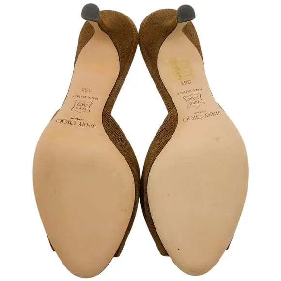 Jimmy Choo Brown Lizard Embossed Slide Sandals with Gold Buckle