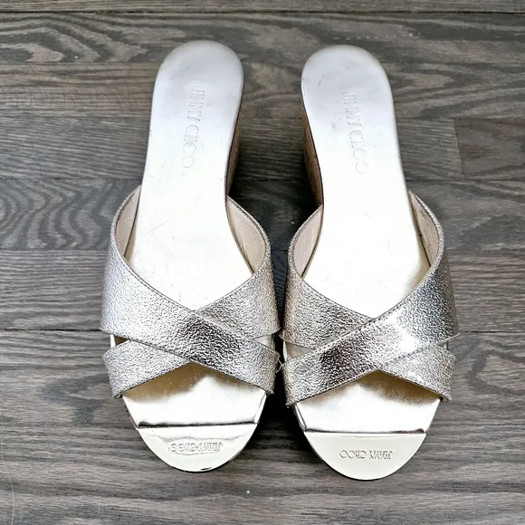 Jimmy Choo Perfume Metallic Leather Cork Wedge Sandals Size EU 40 1/2