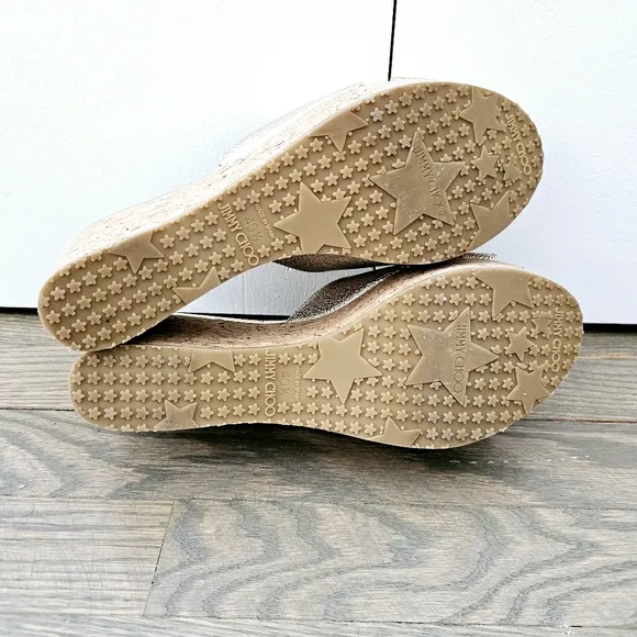 Jimmy Choo Perfume Metallic Leather Cork Wedge Sandals Size EU 40 1/2