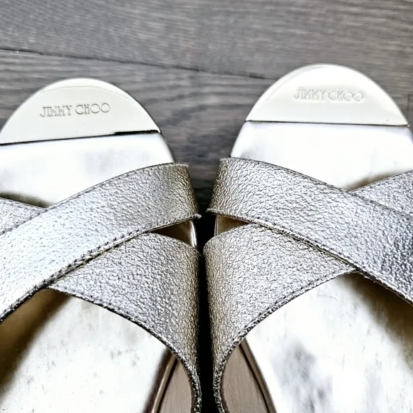 Jimmy Choo Perfume Metallic Leather Cork Wedge Sandals Size EU 40 1/2