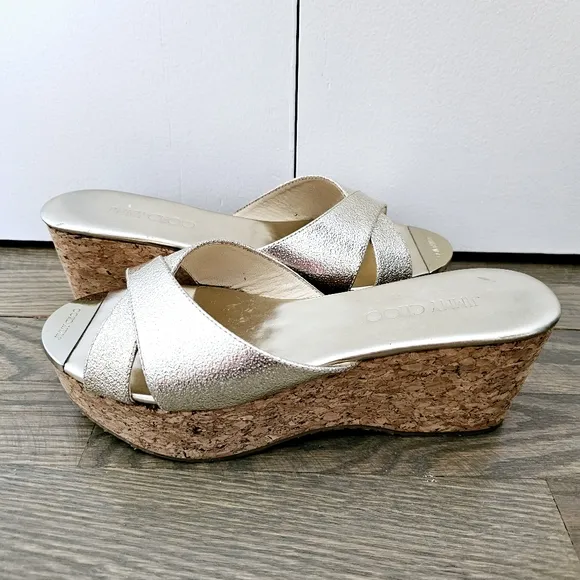 Jimmy Choo Perfume Metallic Leather Cork Wedge Sandals Size EU 40 1/2