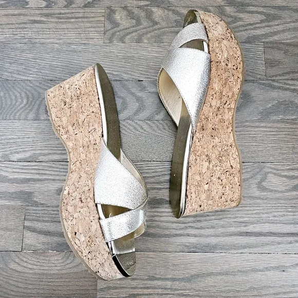 Jimmy Choo Perfume Metallic Leather Cork Wedge Sandals Size EU 40 1/2