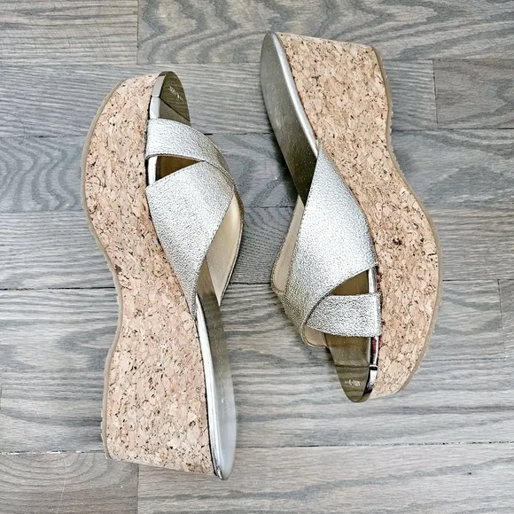 Jimmy Choo Perfume Metallic Leather Cork Wedge Sandals Size EU 40 1/2