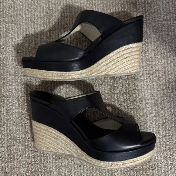 Jimmy Choo Pledge Black Leather Espadrille Platform Wedge Sandals 40.5 10.5