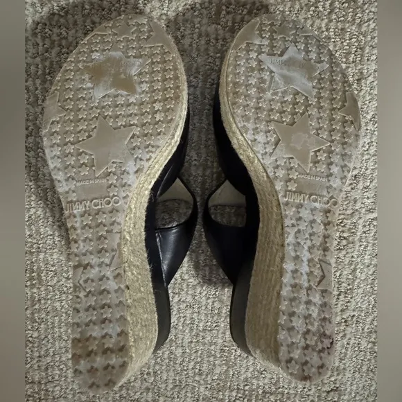 Jimmy Choo Pledge Black Leather Espadrille Platform Wedge Sandals 40.5 10.5