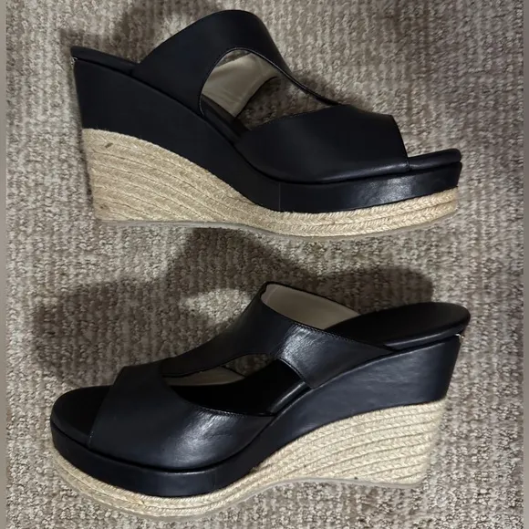 Jimmy Choo Pledge Black Leather Espadrille Platform Wedge Sandals 40.5 10.5