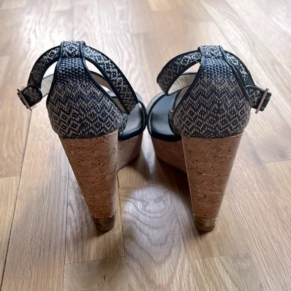 Jimmy Choo Portia Navy &amp; Tan wedge Sandals sz 36.5