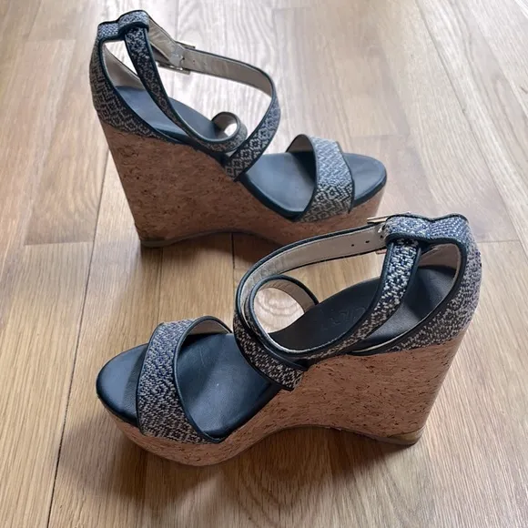 Jimmy Choo Portia Navy &amp; Tan wedge Sandals sz 36.5