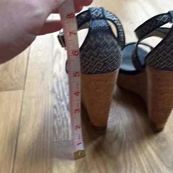 Jimmy Choo Portia Navy &amp; Tan wedge Sandals sz 36.5