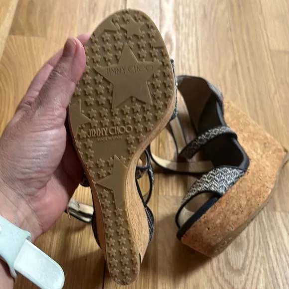 Jimmy Choo Portia Navy &amp; Tan wedge Sandals sz 36.5
