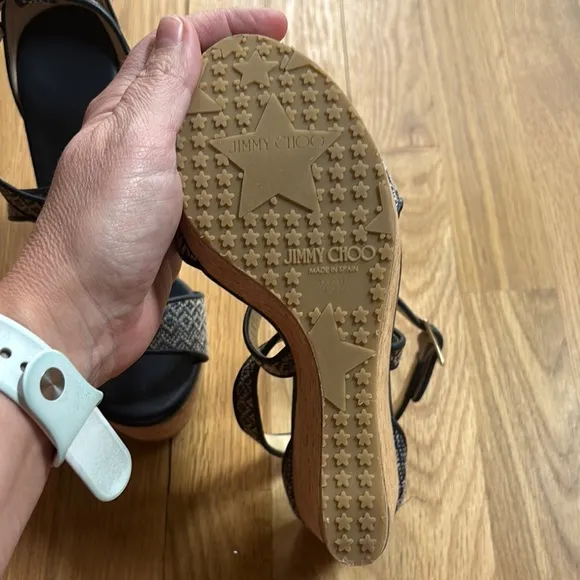 Jimmy Choo Portia Navy &amp; Tan wedge Sandals sz 36.5