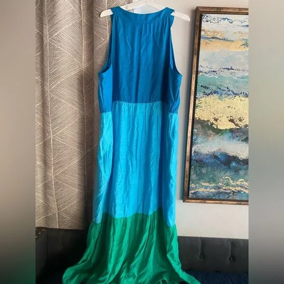 J. Jill Maxi Dress Sz  Large Sleeveless  Color Block  Relaxed Blue Green Pockets