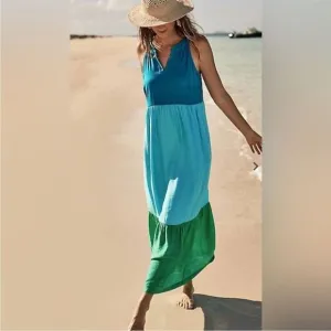 J. Jill Maxi Dress Sz  Large Sleeveless  Color Block  Relaxed Blue Green Pockets