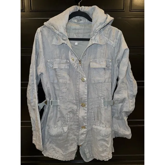 Johnny Was Pete And Greta Gray Small Utility Jacket Pockets Removable Hood Linen