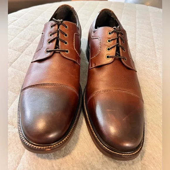 JOHNSTON &amp; MURPHY 12 M Brown Cap Toe Oxford Pebbled Leather Shoes Orig $220