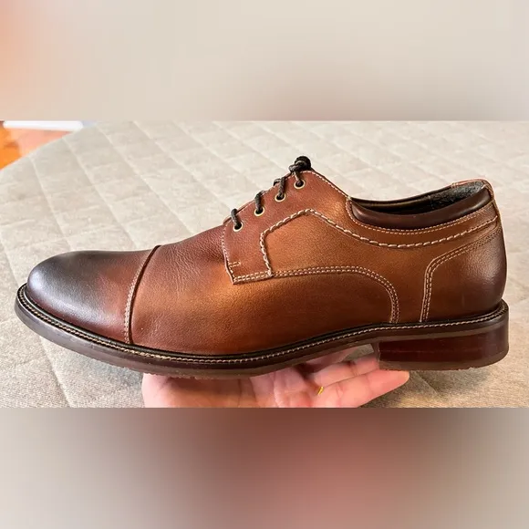 JOHNSTON &amp; MURPHY 12 M Brown Cap Toe Oxford Pebbled Leather Shoes Orig $220