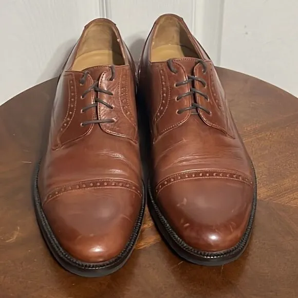 🔥JOHNSTON &amp; MURPHY Signature Series Sheepskin Capped Toe Oxford Brown Shoes 8.5