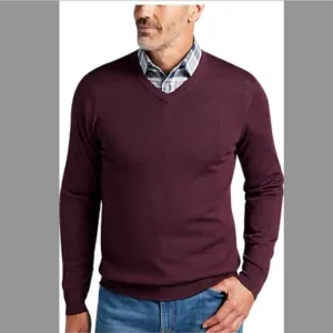 Joseph Abboud Modern Fit V-Neck Merino Wool Sweater- Colour: Wine