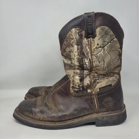 Justin Boots Mens 11D Brown Leather Camouflage Realtree Steel Toe Work AC1003