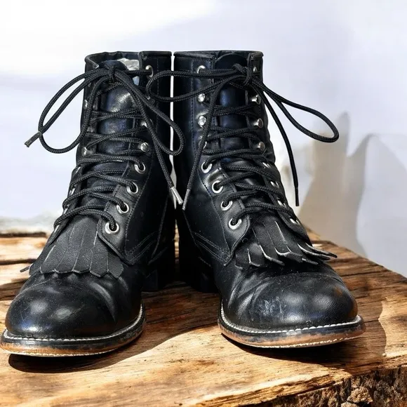 Justin Junior vintage Kiltie Roper Black Lace Up Durable Leather round toe boots