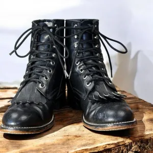 Justin Junior vintage Kiltie Roper Black Lace Up Durable Leather round toe boots