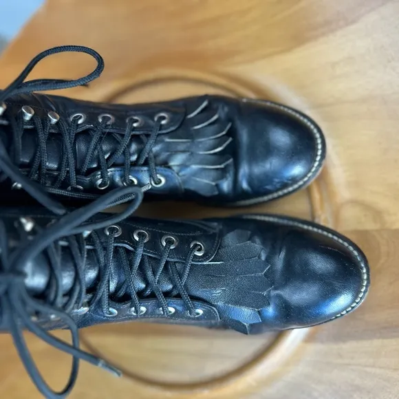 Justin Junior vintage Kiltie Roper Black Lace Up Durable Leather round toe boots