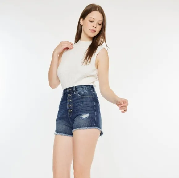 KanCan Button Fly Distressed Denim Ultra High-Rise Frayed Cut-Off Jean Shorts