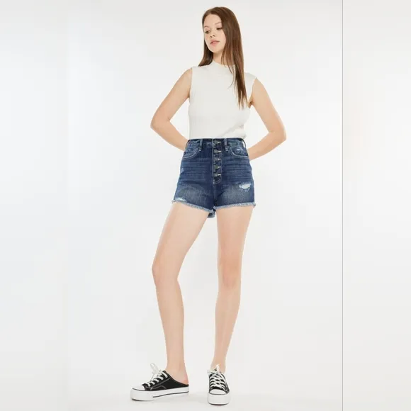 KanCan Button Fly Distressed Denim Ultra High-Rise Frayed Cut-Off Jean Shorts