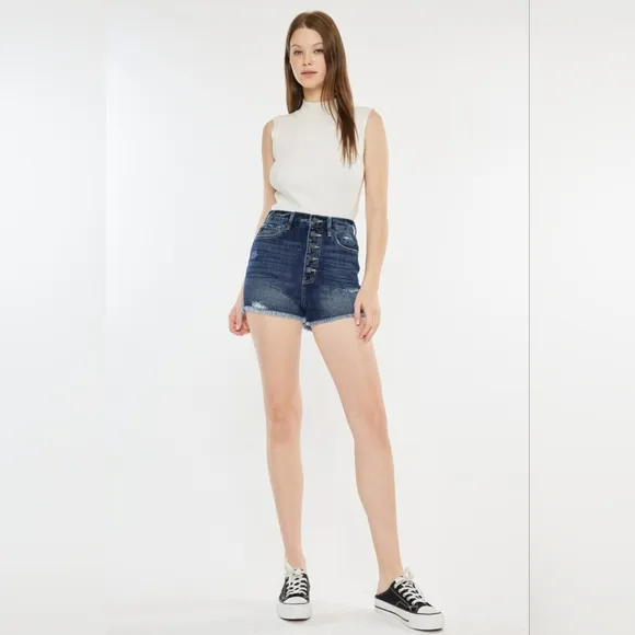 KanCan Button Fly Distressed Denim Ultra High-Rise Frayed Cut-Off Jean Shorts