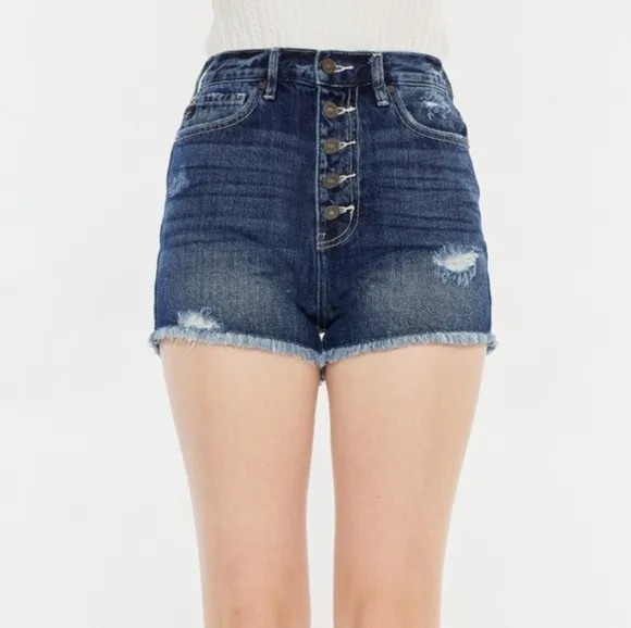 KanCan Button Fly Distressed Denim Ultra High-Rise Frayed Cut-Off Jean Shorts