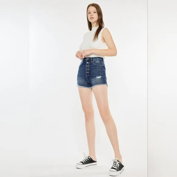 KanCan Button Fly Distressed Denim Ultra High-Rise Frayed Cut-Off Jean Shorts
