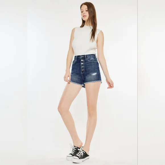 KanCan Button Fly Distressed Denim Ultra High-Rise Frayed Cut-Off Jean Shorts