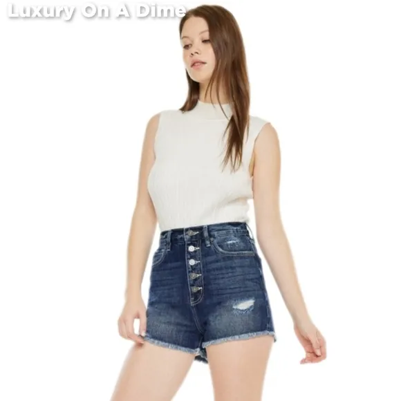 KanCan Button Fly Distressed Denim Ultra High-Rise Frayed Cut-Off Jean Shorts