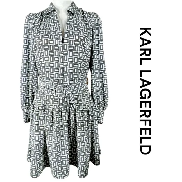 KARL LAGERFELD Geometric Print Zip Front Dress in Black &amp; White, Size 10.