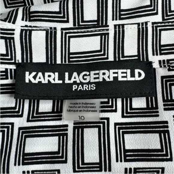 KARL LAGERFELD Geometric Print Zip Front Dress in Black &amp; White, Size 10.