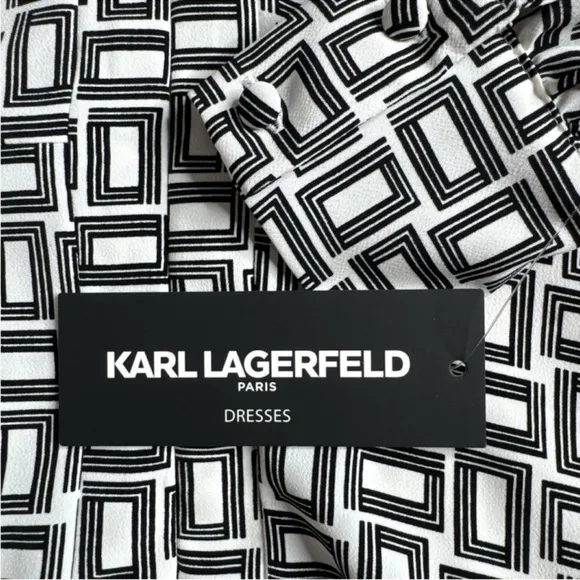KARL LAGERFELD Geometric Print Zip Front Dress in Black &amp; White, Size 10.