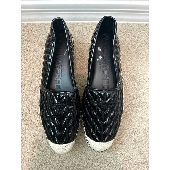 KARL LAGERFELD | Paris Desta Black Leather Platform Espadrille Shoes | Womens 11