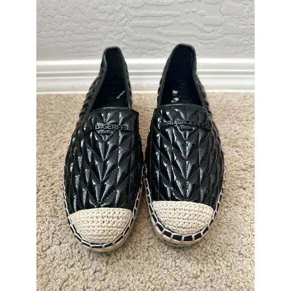 KARL LAGERFELD | Paris Desta Black Leather Platform Espadrille Shoes | Womens 11