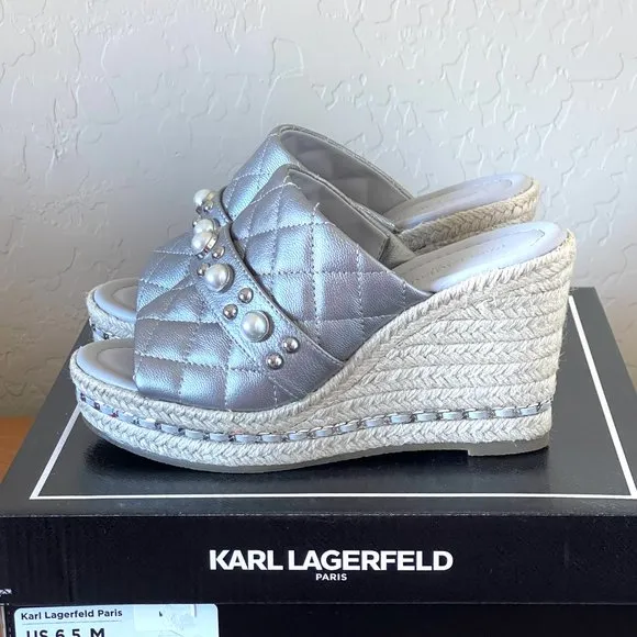 Karl Lagerfeld Sandals 6.5 Camila Silver Pearl Stud Jute Platform Wedge New!