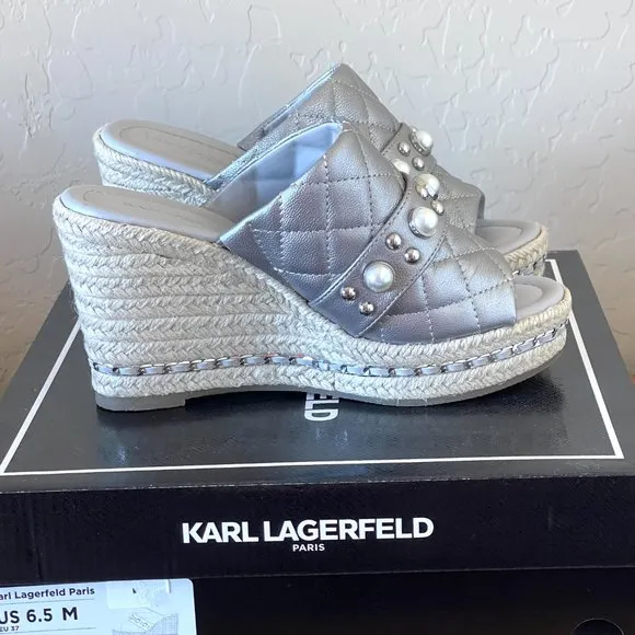 Karl Lagerfeld Sandals 6.5 Camila Silver Pearl Stud Jute Platform Wedge New!