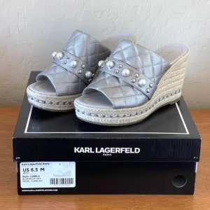 Karl Lagerfeld Sandals 6.5 Camila Silver Pearl Stud Jute Platform Wedge New!